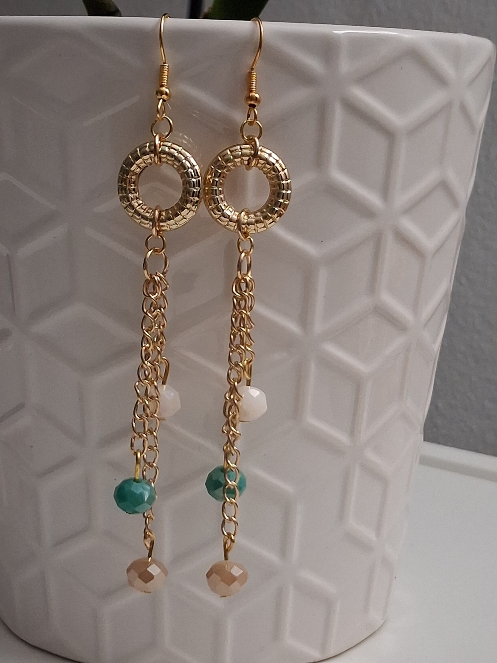 Gold Dangling Chain Earrings with Green and Cream Beads